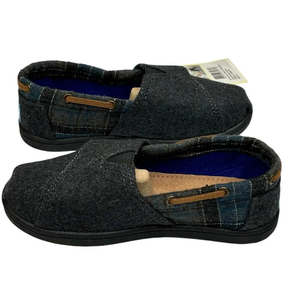New TOMS Tiny Bimini Alpargata Blue & Grey Tartan Plaid Slip On Size 11 MSRP $59